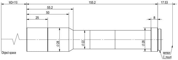 Megapixel telecentric lens, 1.5x, WD 110 mm, 2/3", C-mount, 155.2 mm long