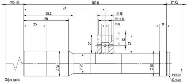 Megapixel telecentric lens, 1.5x, WD 110 mm, 2/3", C-mount, 159.5 mm long