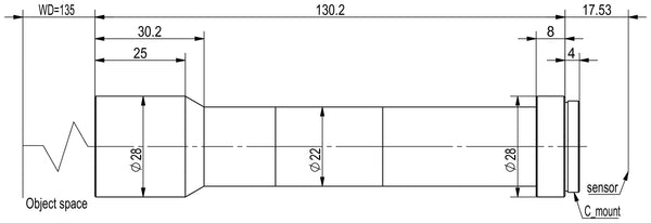 Megapixel telecentric lens, 1.5x, WD 135 mm, 2/3", C-mount, 130.2 mm long