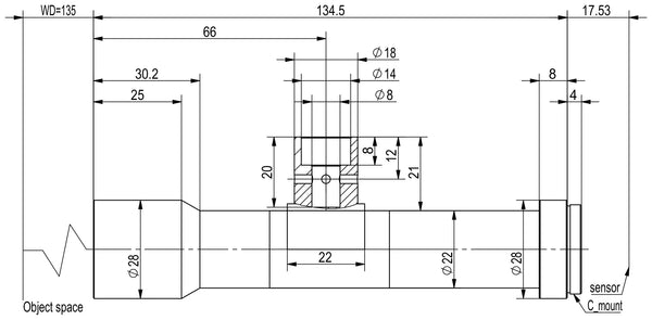 Megapixel telecentric lens, 1.5x, WD 135 mm, 2/3", C-mount, 134.5 mm long